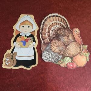 Vintage Large Thanksgiving Die Cuts Pilgrim Girl and Turkey Double Sided Holiday